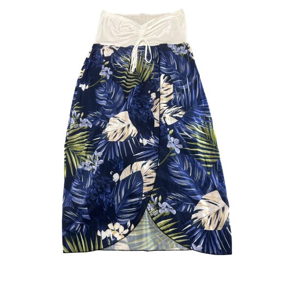 Tropical Floral Maxi Skirt With Ruched Waistband & Drawstring 2XL  Blue & White - Picture 1 of 6